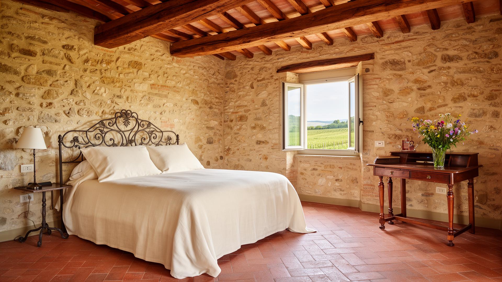Camera in casale toscano con vista sui vigneti