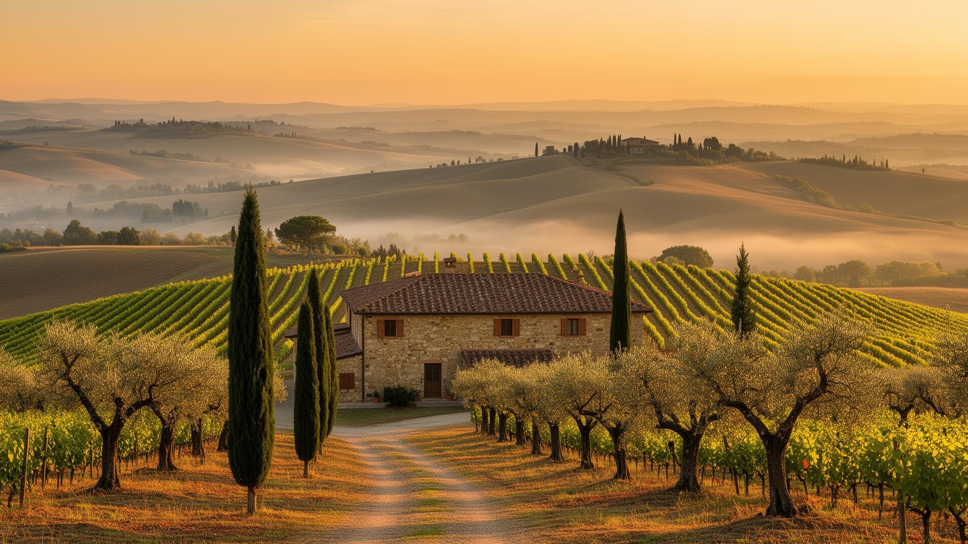 Casale toscano tra vigneti e ulivi al tramonto